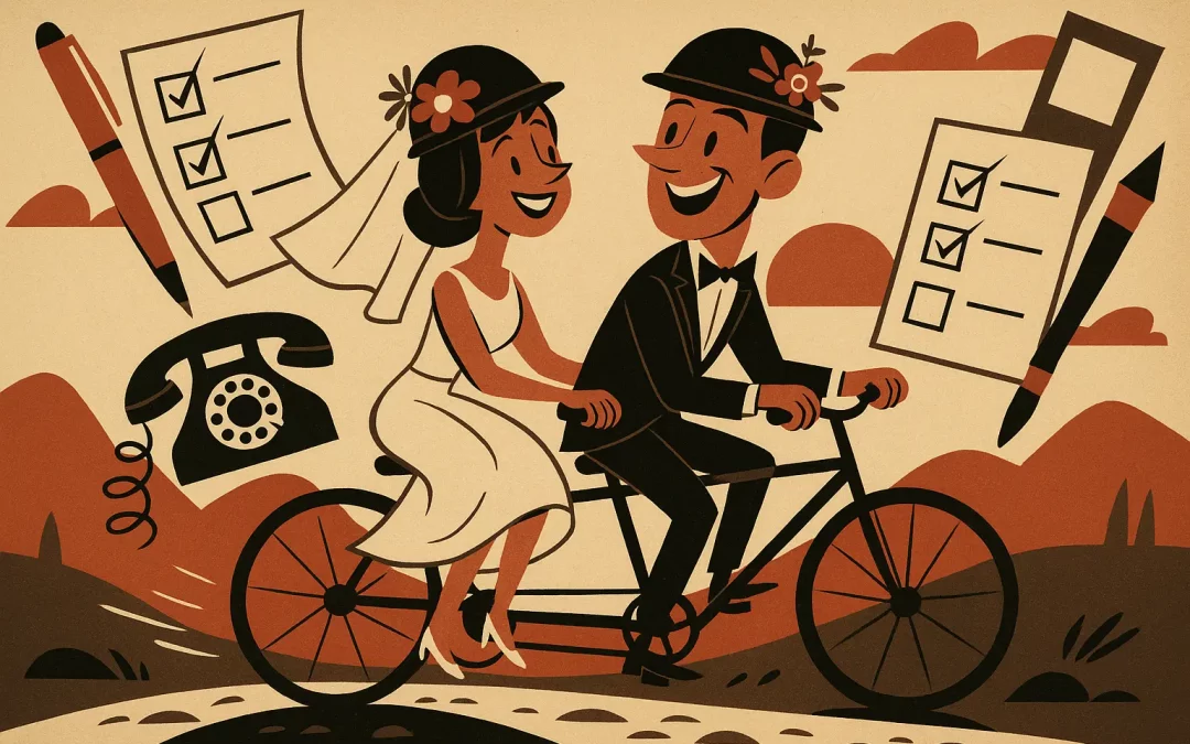 in stilisiertes Cartoon-Bild im Retro-Stil der 1950er Jahre zeigt ein fröhliches Brautpaar auf einem Tandemfahrrad. Beide tragen elegante Kleidung und Helme mit Blumen. Um sie herum schweben überdimensionale Hochzeitsplanungs-Requisiten wie Checklisten, ein altes Telefon, übergroße Stifte und ein Smartphone. Die Szene spielt auf einer hügeligen Straße bei Sonnenuntergang, mit einem warmen Farbschema aus Beige, Rot, Schwarz und Braun und einer körnigen Papiertextur im Hintergrund. Die Figuren sind charmant überzeichnet, mit klaren Linien und elegantem Design.