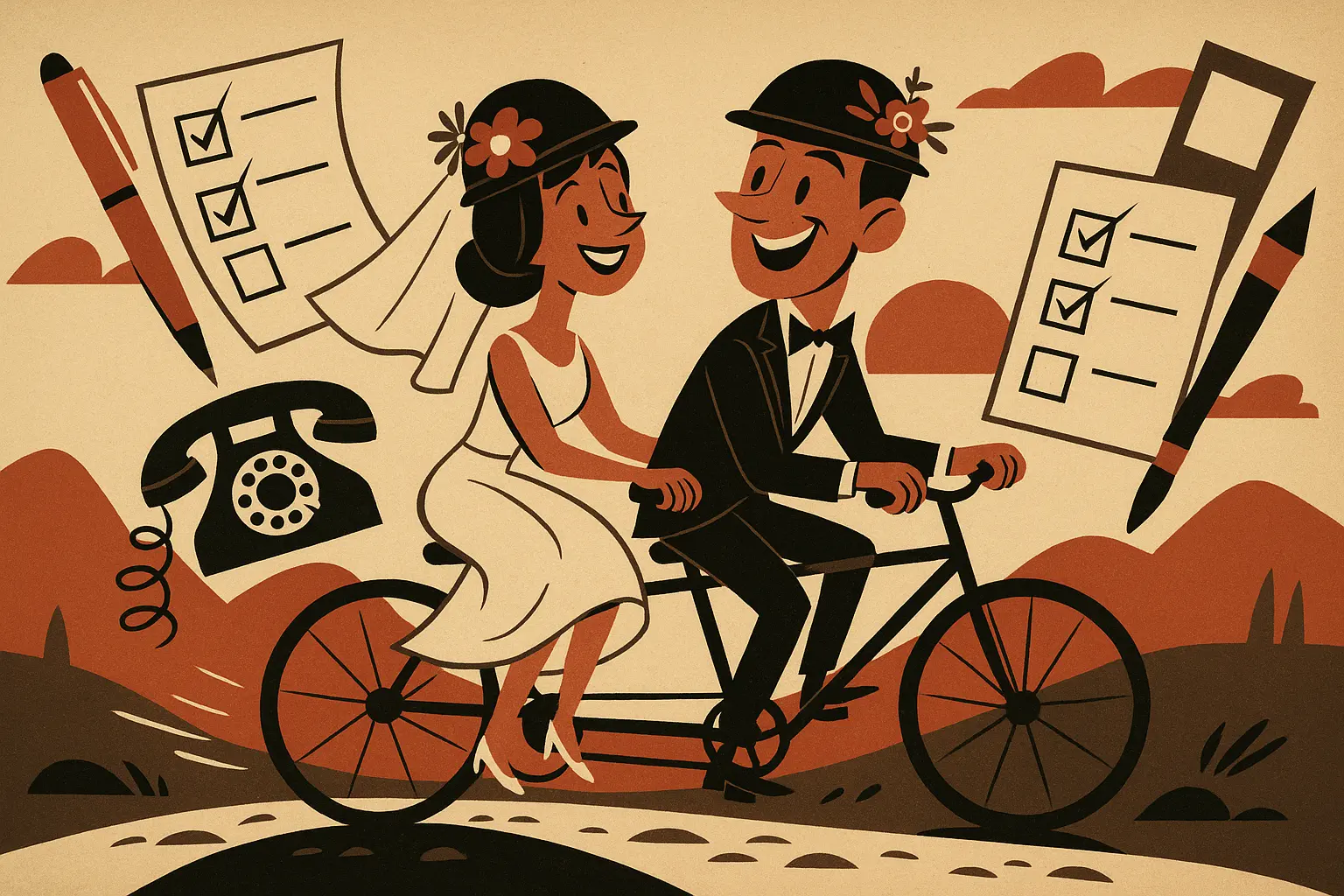 in stilisiertes Cartoon-Bild im Retro-Stil der 1950er Jahre zeigt ein fröhliches Brautpaar auf einem Tandemfahrrad. Beide tragen elegante Kleidung und Helme mit Blumen. Um sie herum schweben überdimensionale Hochzeitsplanungs-Requisiten wie Checklisten, ein altes Telefon, übergroße Stifte und ein Smartphone. Die Szene spielt auf einer hügeligen Straße bei Sonnenuntergang, mit einem warmen Farbschema aus Beige, Rot, Schwarz und Braun und einer körnigen Papiertextur im Hintergrund. Die Figuren sind charmant überzeichnet, mit klaren Linien und elegantem Design.