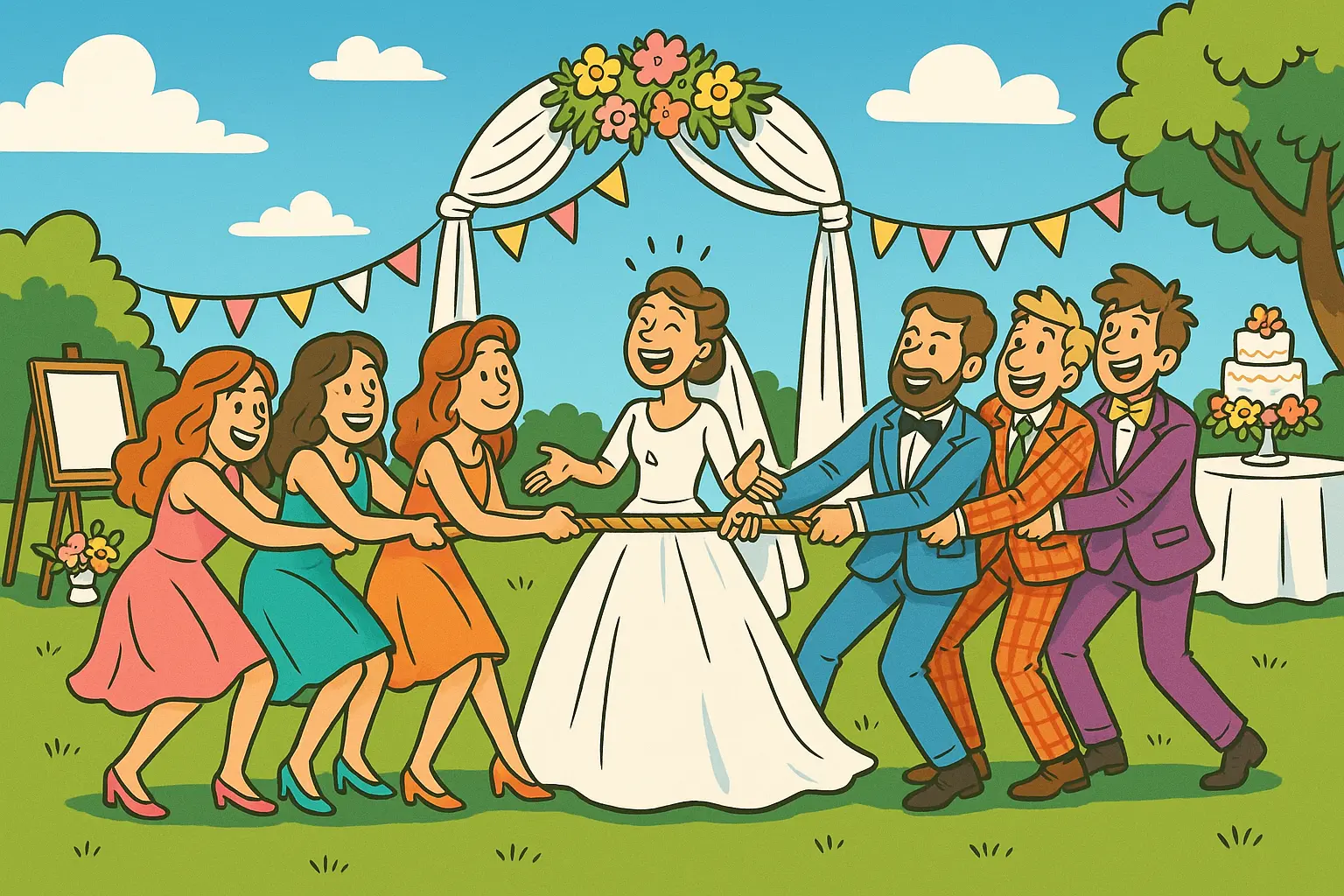 Tolle Hochzeitspiele Eine fröhliche Hochzeitsszene im Comic-Stil zeigt ein Tauziehspiel zwischen vier bunt gekleideten Brautjungfern und drei Groomsmen in farbenfrohen Anzügen. In der Mitte steht die Braut lachend, während beide Seiten an einem Seil ziehen. Im Hintergrund sieht man eine mit Blumen geschmückte Traubogenkulisse, Girlanden, einen Hochzeitskuchen auf einem Tisch und eine Staffelei. Die Szene spielt auf einer sonnigen Wiese unter blauem Himmel mit wenigen Wolken.