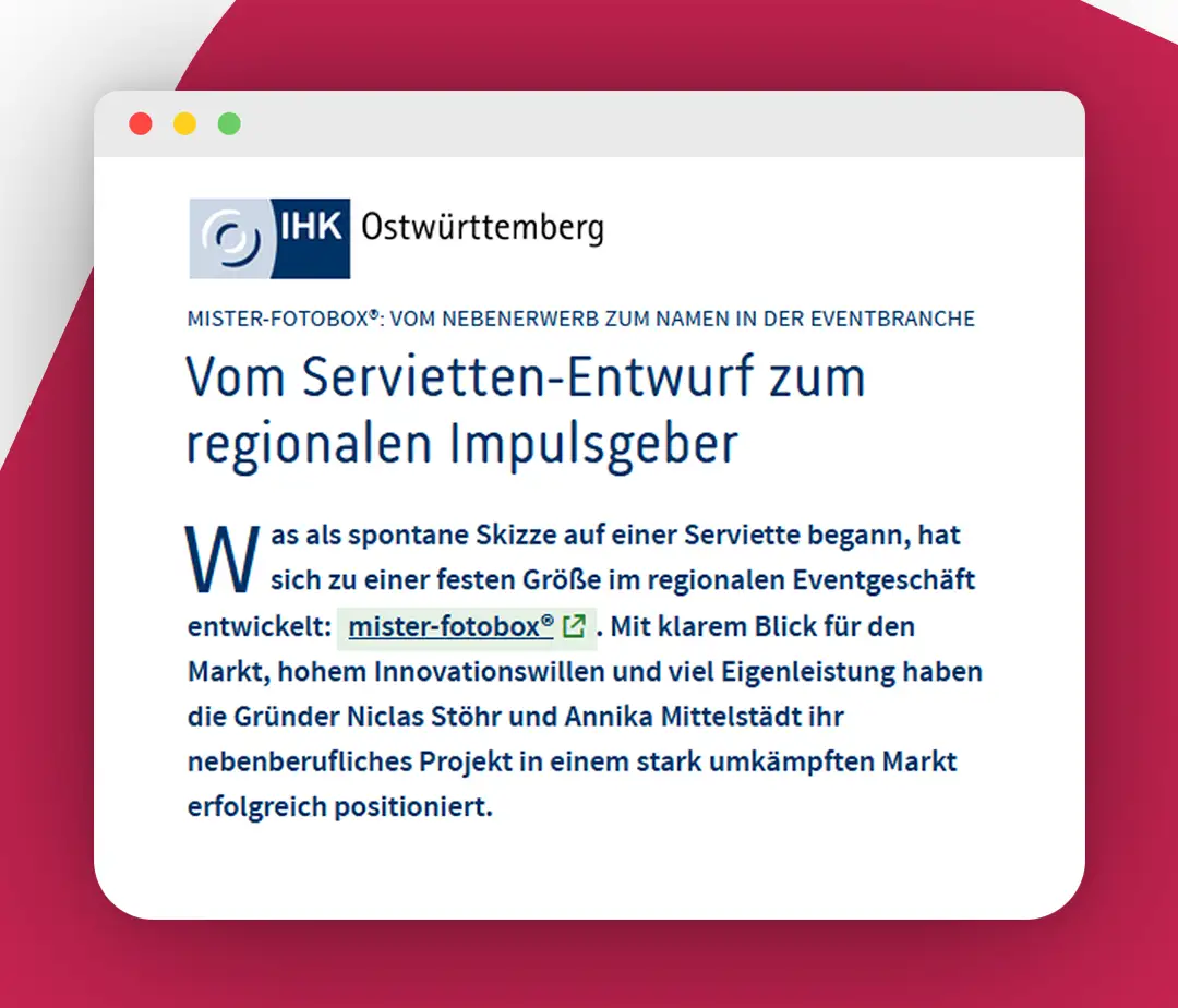 Manchmal beginnt eine gute Geschichte mit einer Serviette. Und manchmal wird daraus ein Unternehmen, das Menschen zusammenbringt, Erinnerungen einfängt und jetzt sogar von der IHK ausgezeichnet wird.