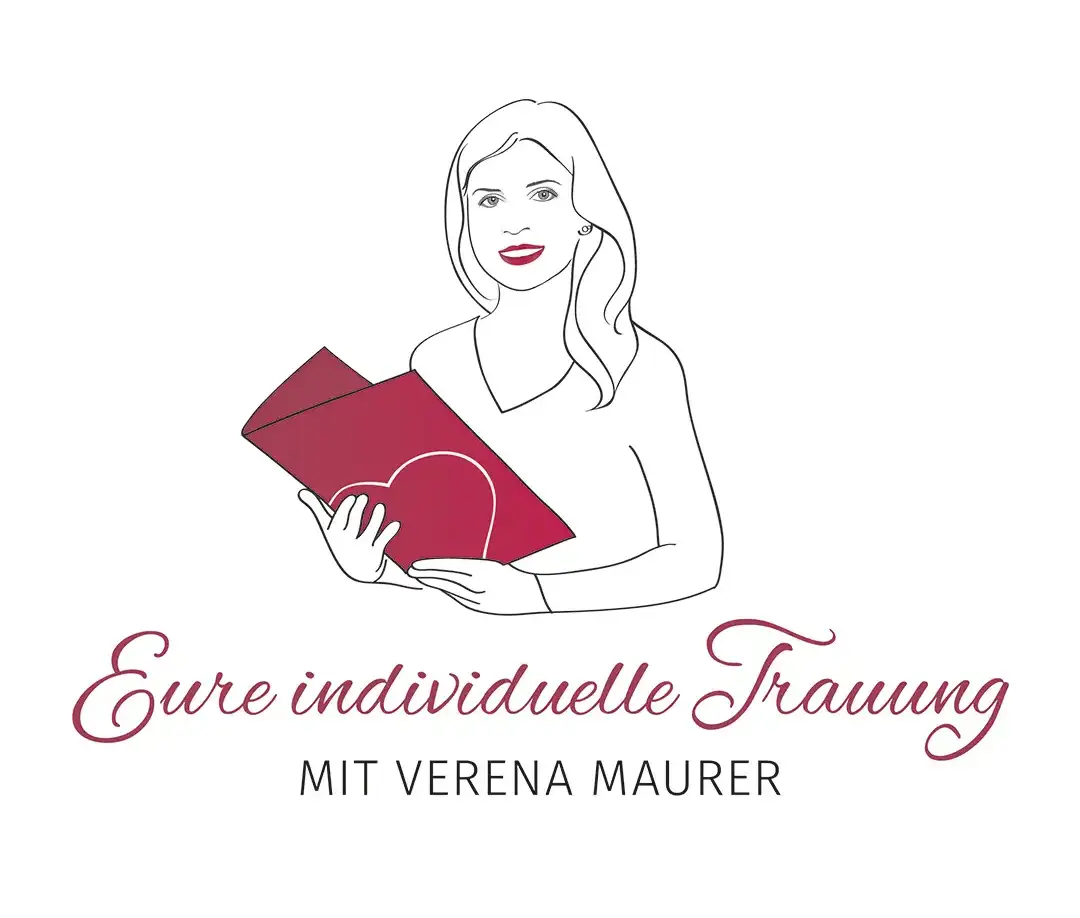 Illustration einer Frau mit langen Haaren, die eine geöffnete rote Mappe mit Herzsymbol hält; darunter der Schriftzug: „Eure individuelle Trauung – mit Verena Maurer“.