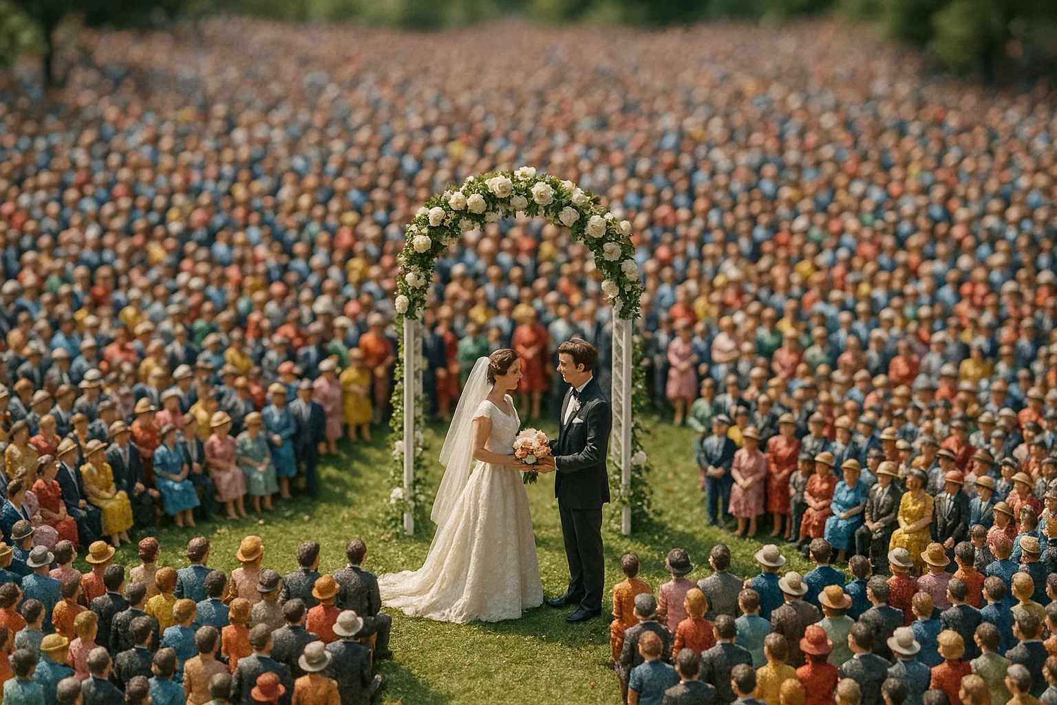Braut und Bräutigam stehen unter einem Blumenbogen und halten sich an den Händen, umgeben von einer sehr großen Menschenmenge in bunten Kleidern.
