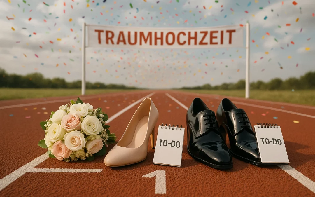 Brautstrauß, Damenschuh, Herrenschuh und zwei Notizblöcke mit der Aufschrift „TO-DO“ auf einer Laufbahn; im Hintergrund ein Zielbanner mit dem Wort „TRAUMHOCHZEIT“ und Konfetti.