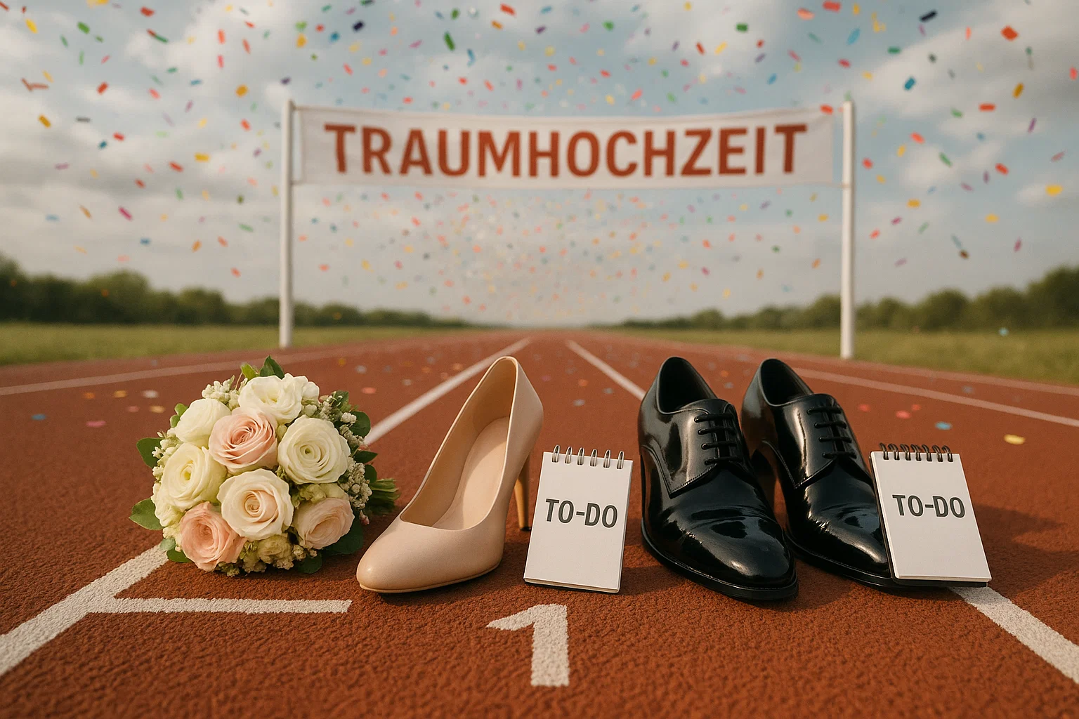 hochzeitsplanung Brautstrauß, Damenschuh, Herrenschuh und zwei Notizblöcke mit der Aufschrift „TO-DO“ auf einer Laufbahn; im Hintergrund ein Zielbanner mit dem Wort „TRAUMHOCHZEIT“ und Konfetti.