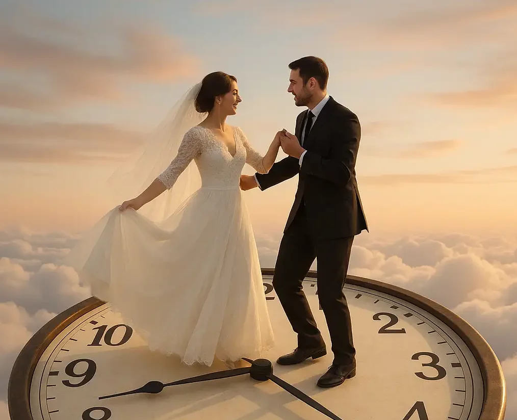 Zeitrahl bei Hochzeiten Hochzeitspaar tanzt liebevoll auf einer Uhr