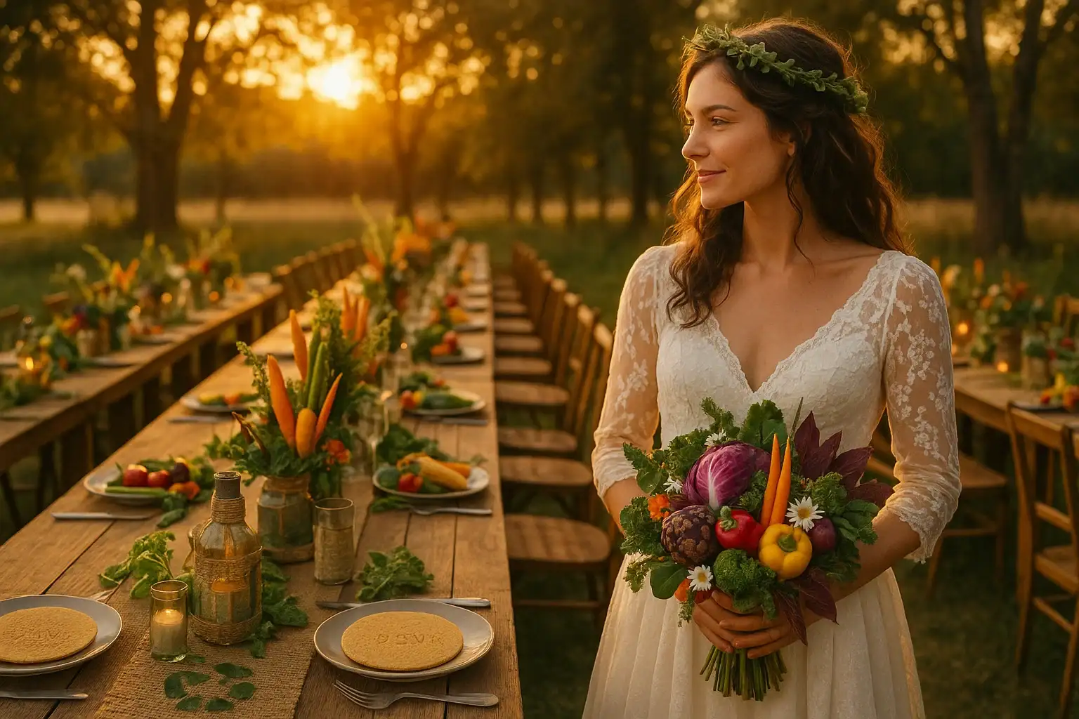 zero-waste-wedding Frau in weißem Spitzenkleid mit Blumenkranz im Haar hält einen Strauß aus Gemüse und Kräutern; im Hintergrund lange, festlich gedeckte Tafel im Freien bei Sonnenuntergang.